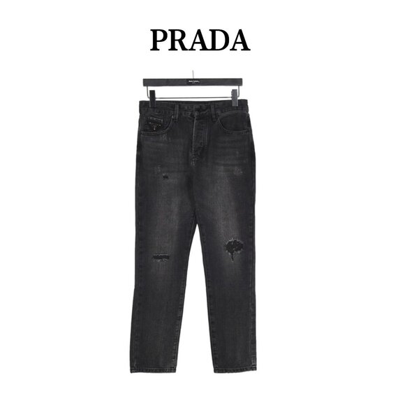 Prada 23Fw washed jeans with triangle logo and logo embroidery. L - Picture 1 of 10